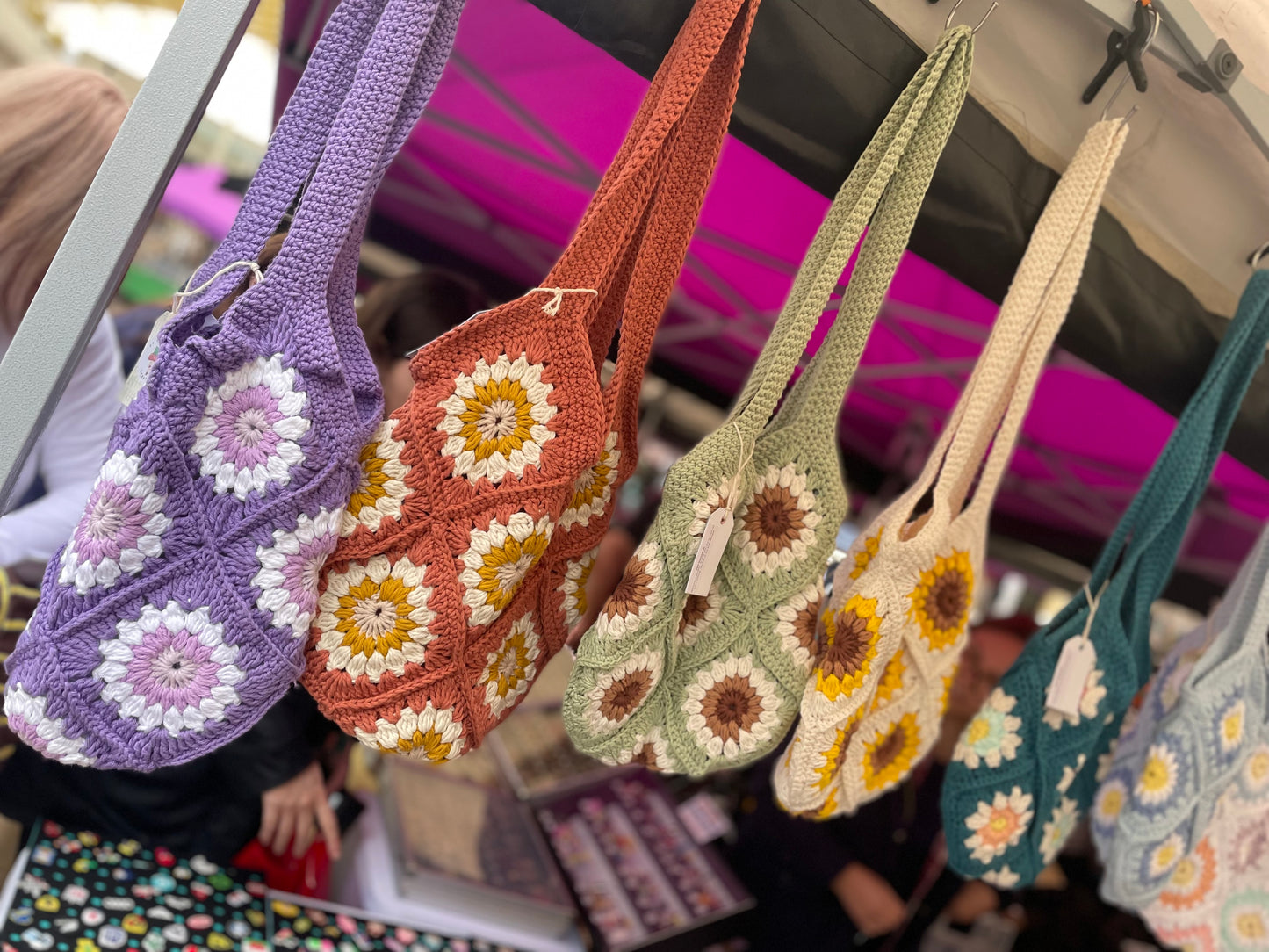 Handmade Crochet Cotton Tote Bag Burnt Orange | Floral Granny Square | Cottagecore Autumn vibes