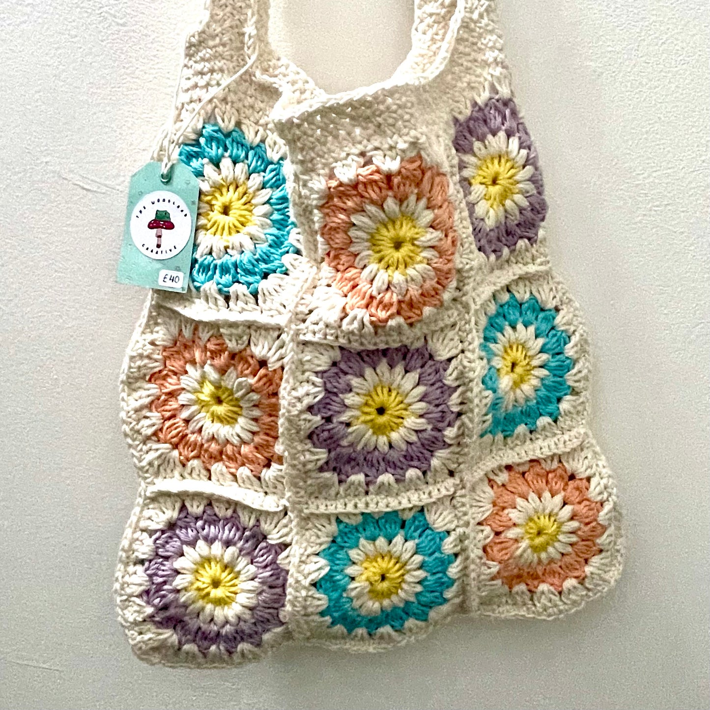 Handmade square large tuti fruiti crochet tote bag