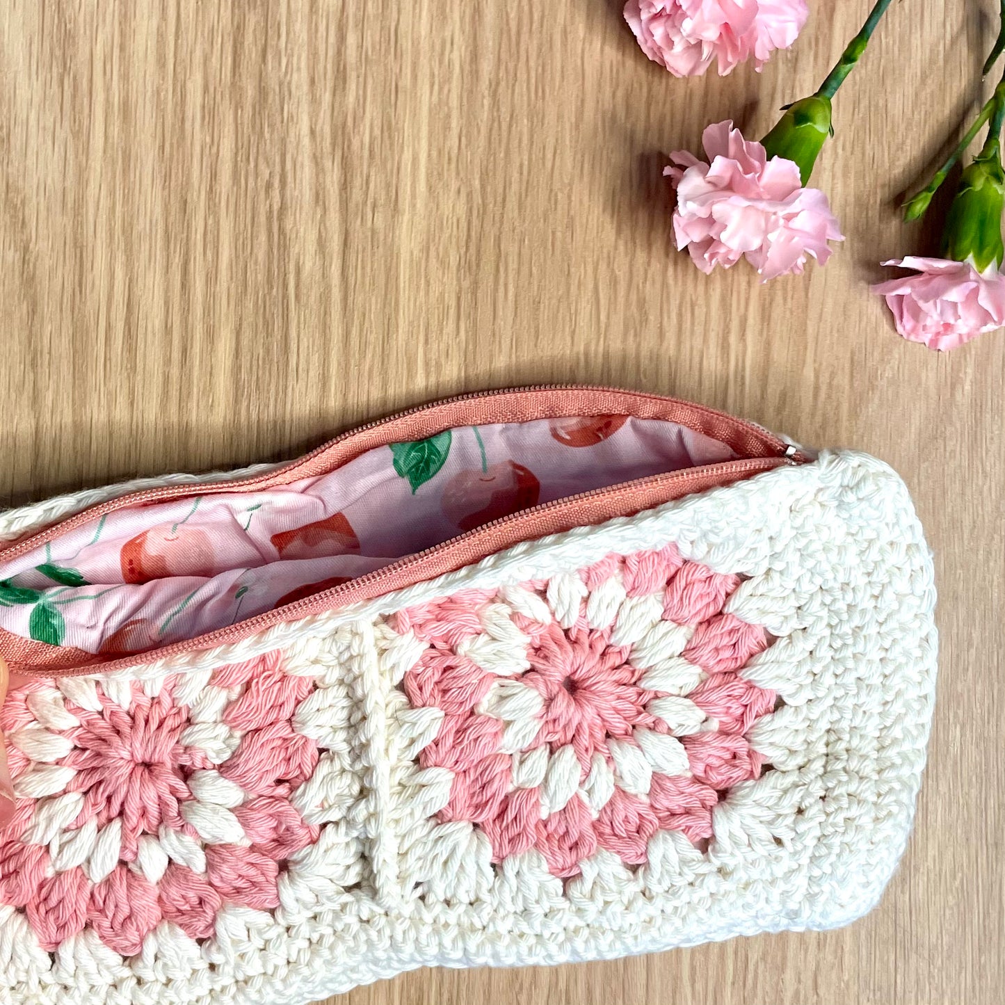 Handmade Pink flower Crochet Pencil Pouch
