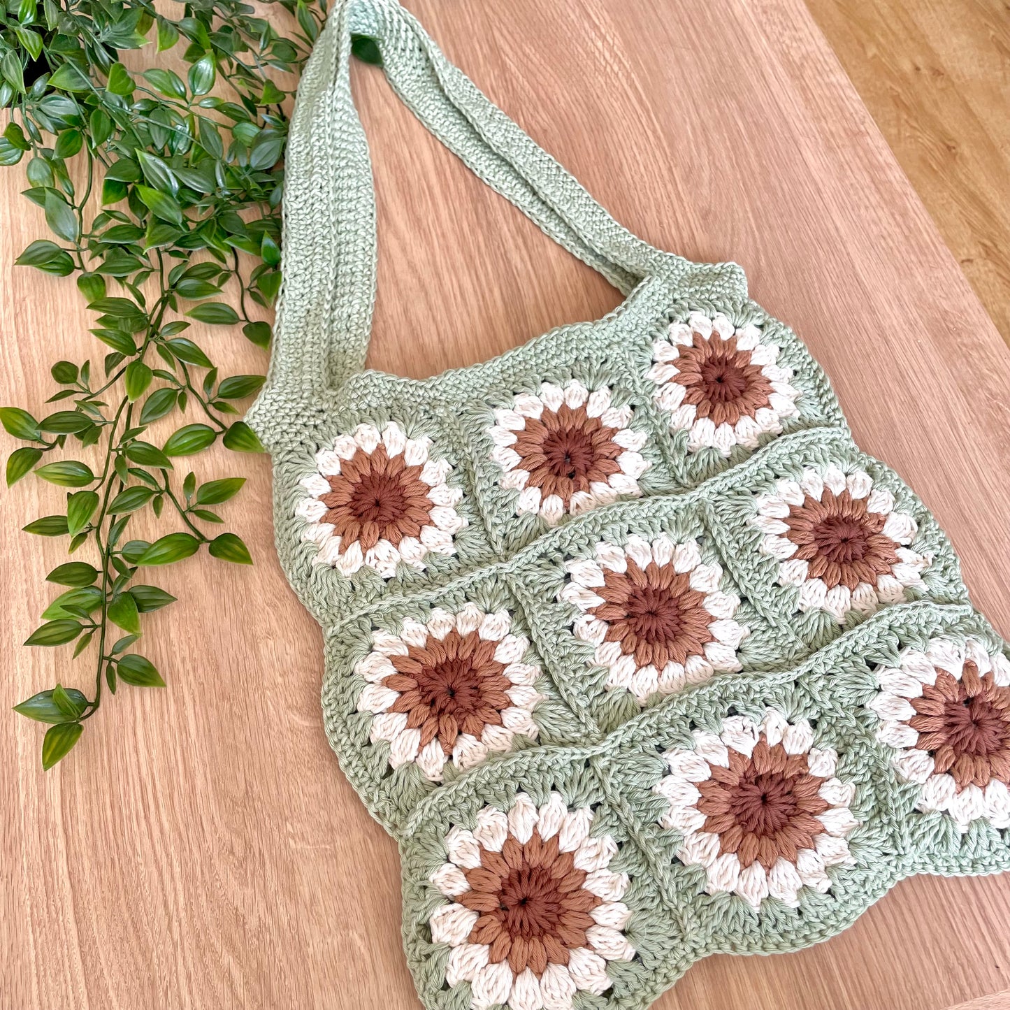 Handmade square large sage green crochet tote bag