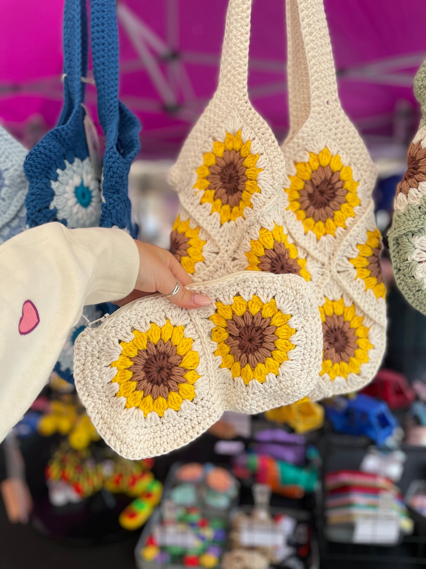 Handmade crochet summer sunflower tote bag