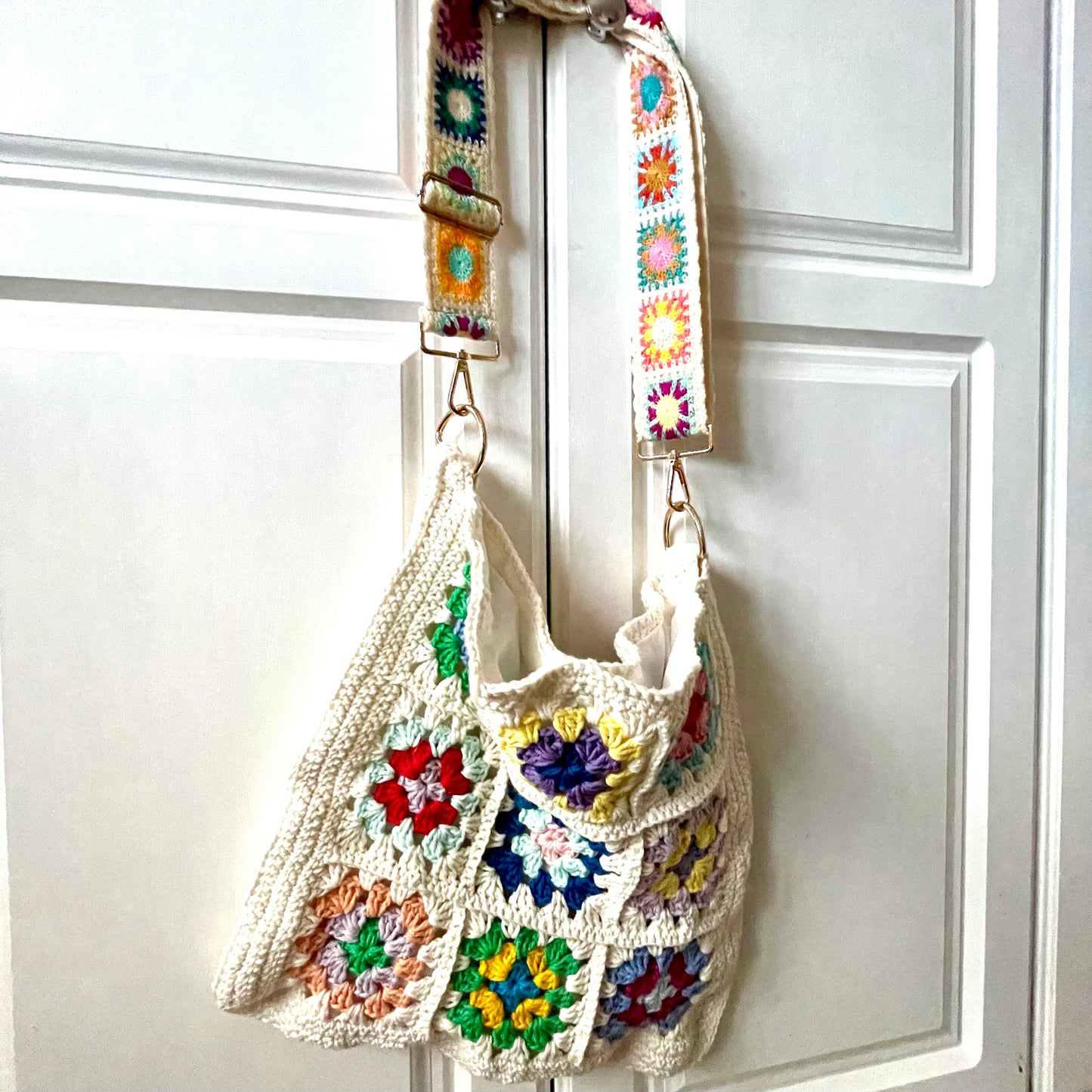 Handmade square large colour flower crochet tote bag