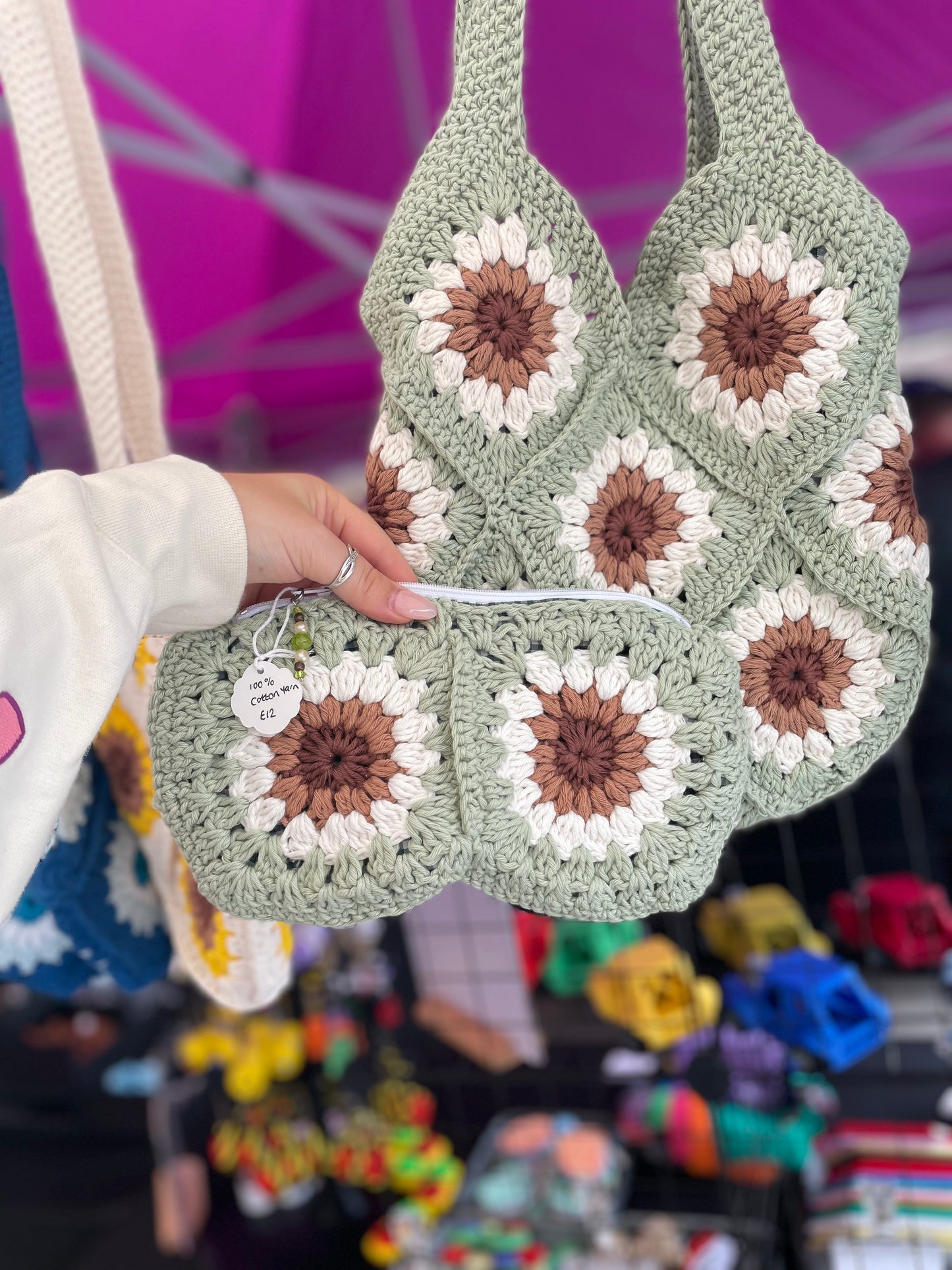 Handmade crochet sage green tote bag