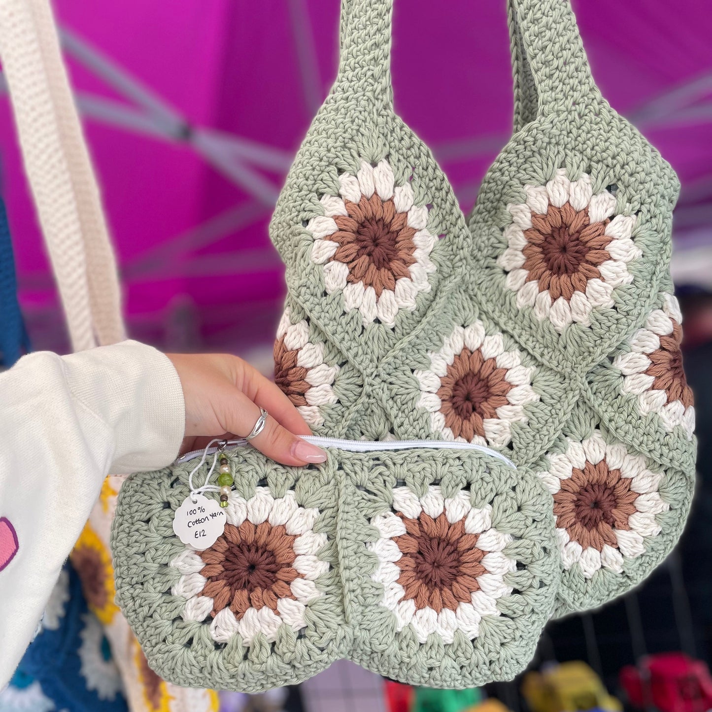 Handmade Crochet Sage Green Tote Bag – 100% Cotton Summer Shoulder Bag with Gingham Lining