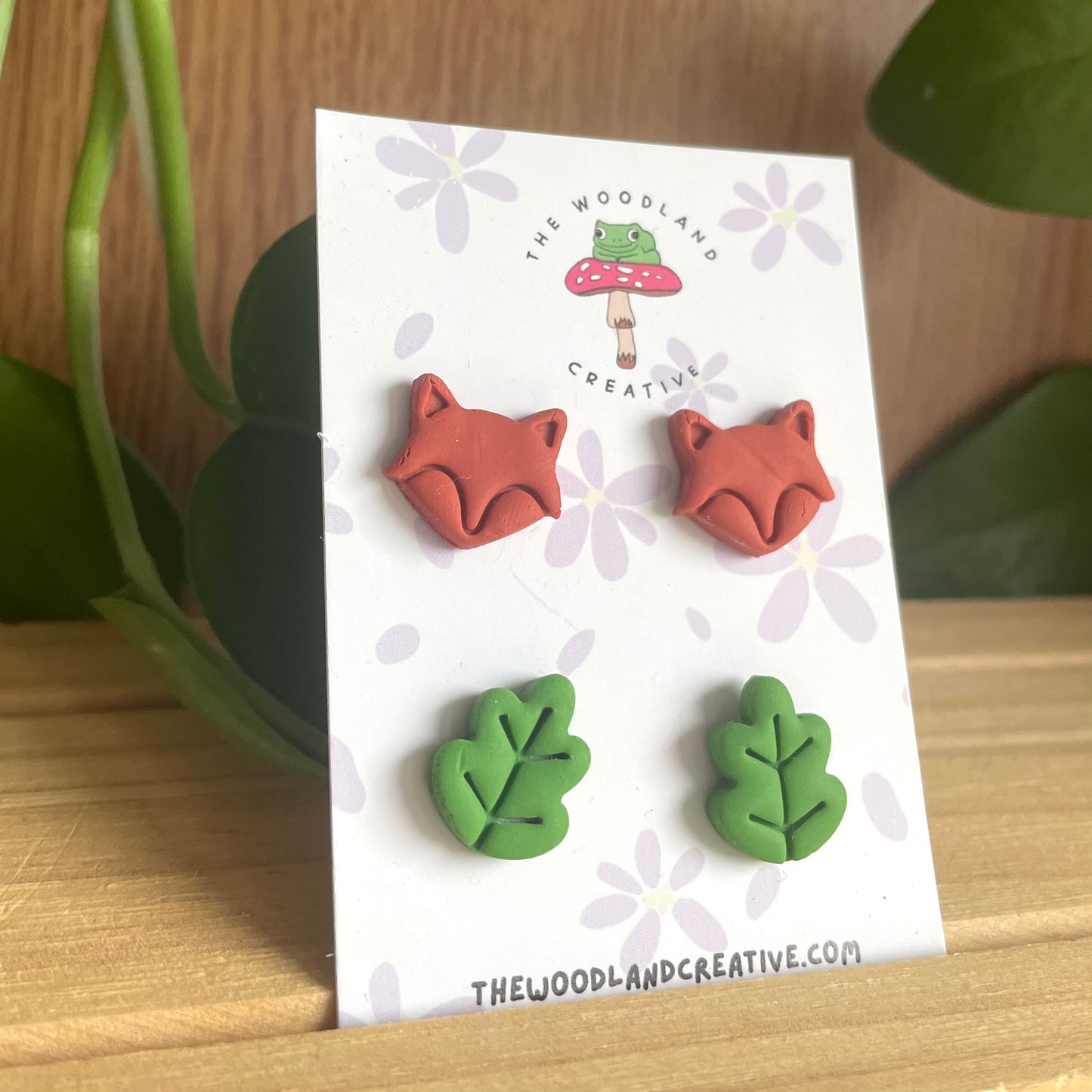 Fox and leaf stud set polymer clay earrings