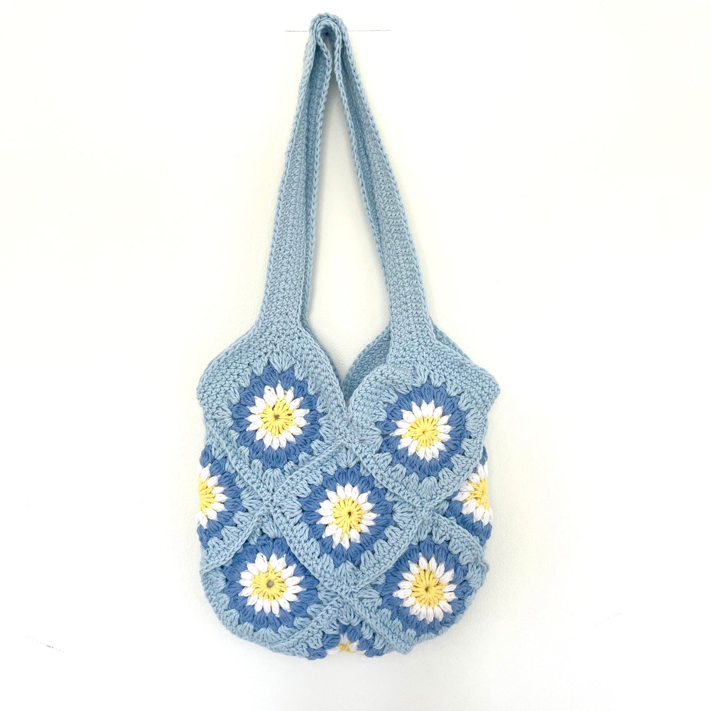 Handmade crochet light blue flower summer tote bag