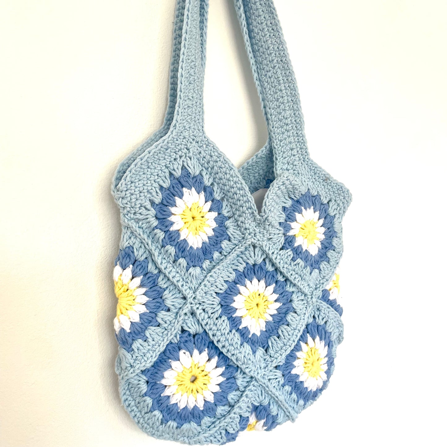 Handmade crochet light blue flower summer tote bag