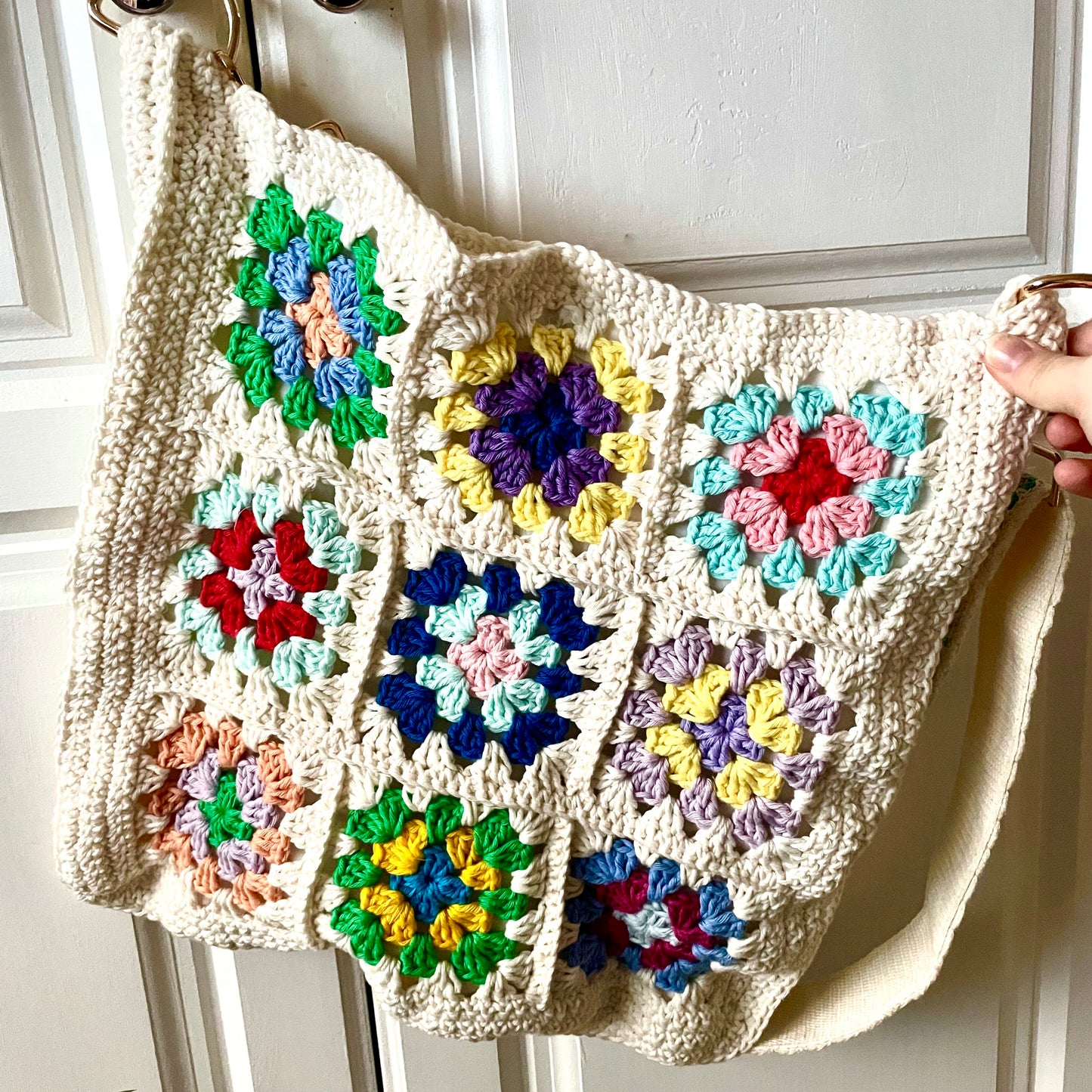 Handmade square large colour flower crochet tote bag