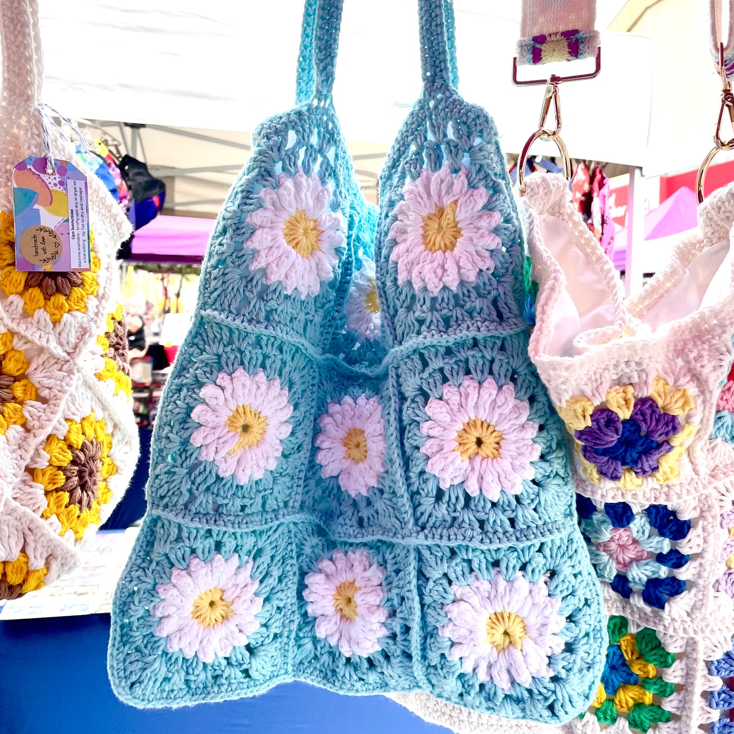 Handmade square large light turquoise flower crochet tote bag