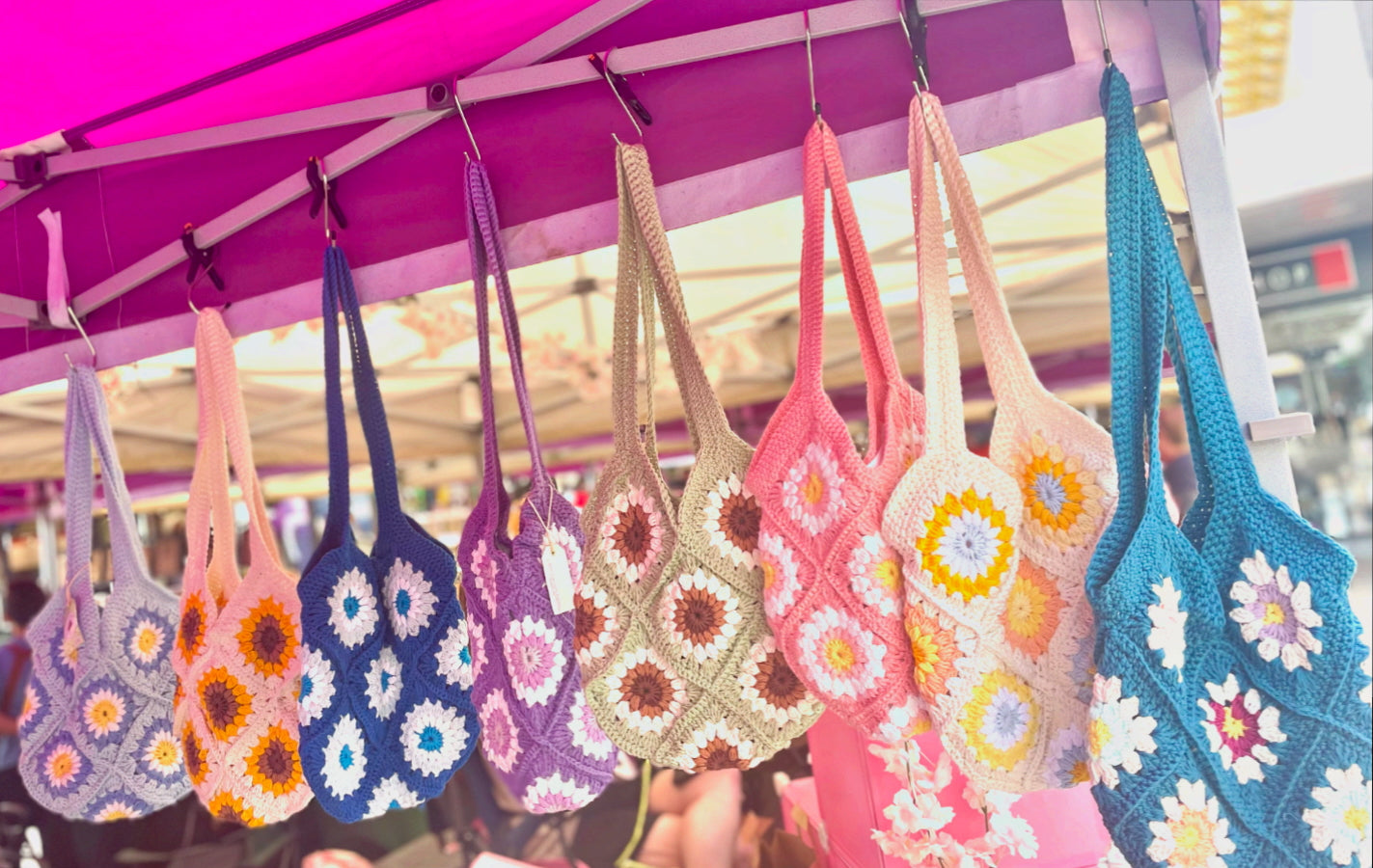 Handmade crochet light blue flower summer tote bag