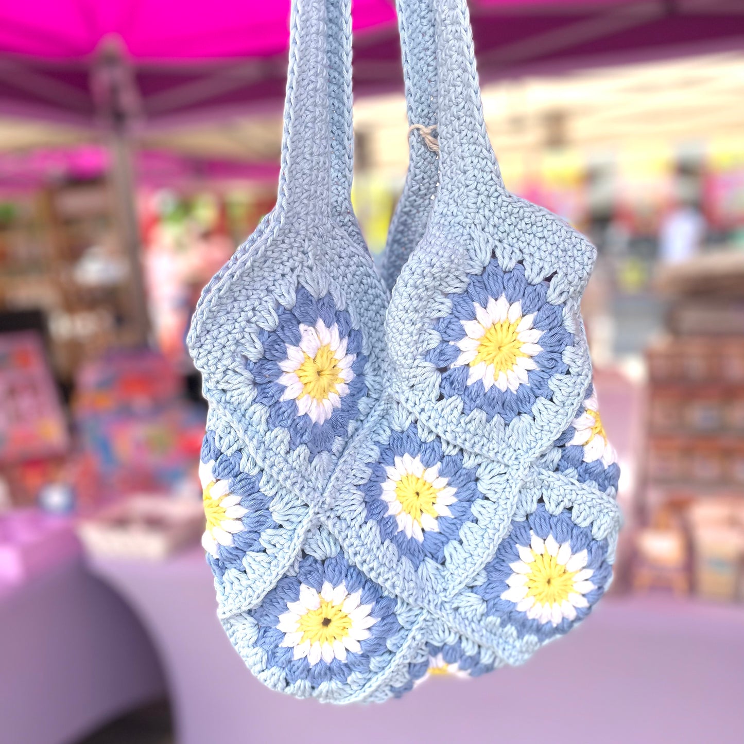 Handmade crochet light blue flower summer tote bag