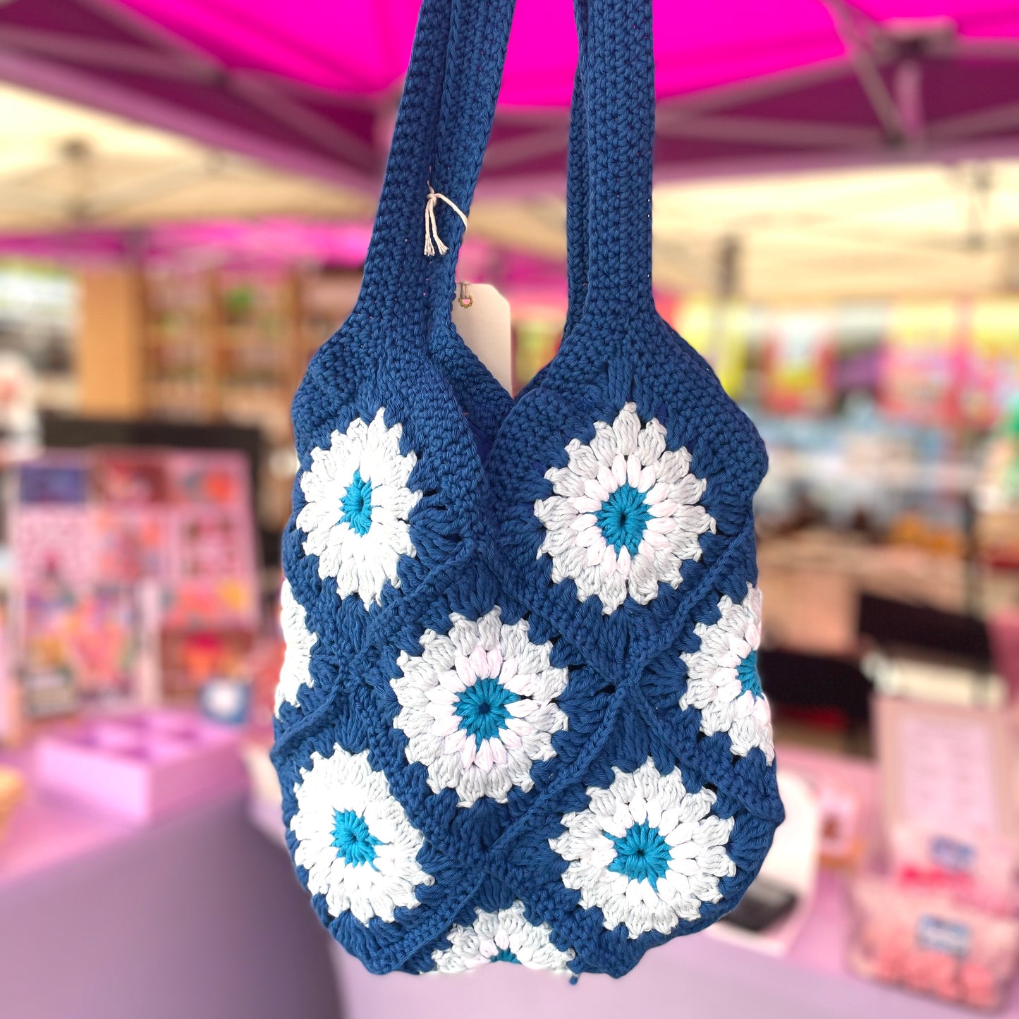Handmade crochet blue flower summer tote bag
