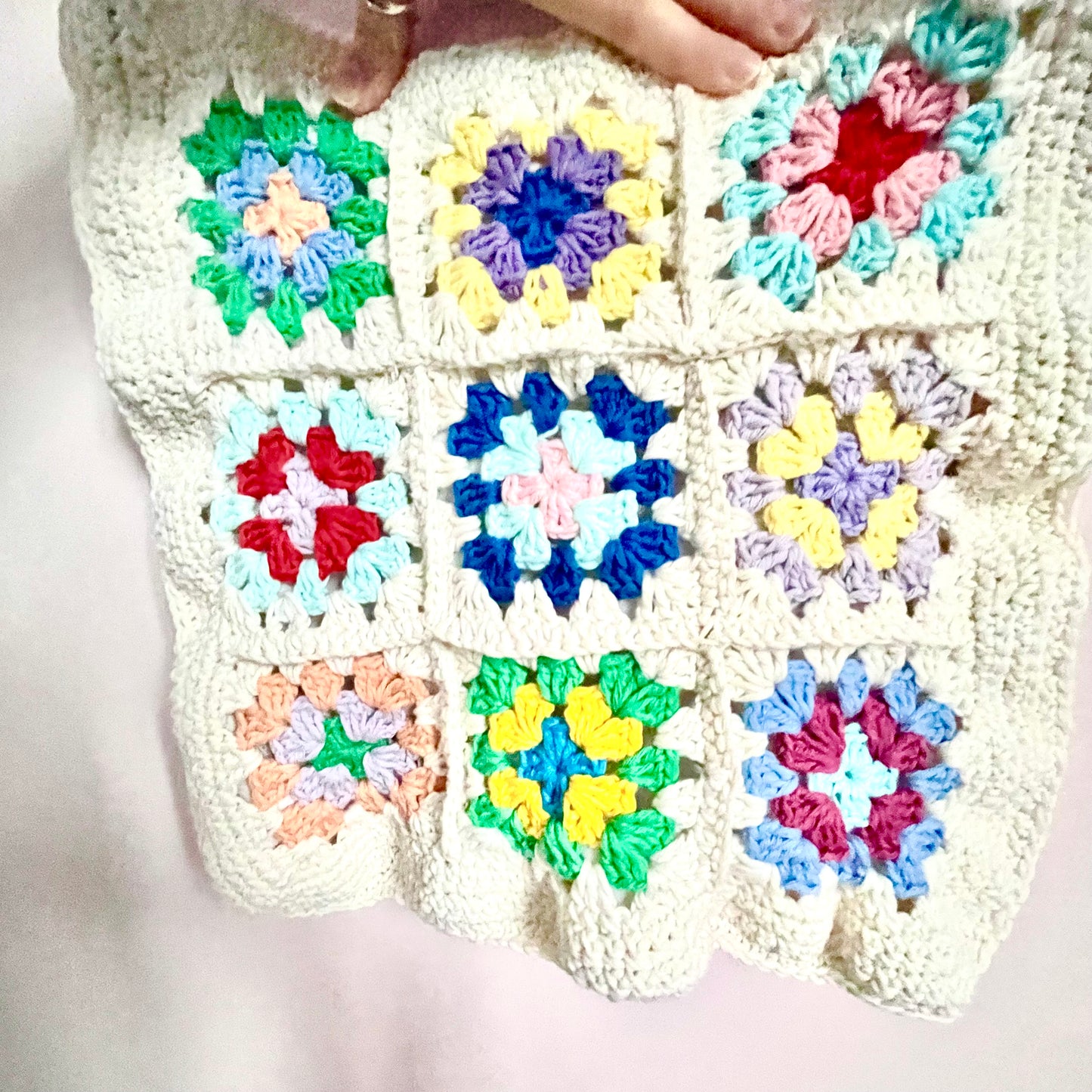 Handmade square large colour flower crochet tote bag