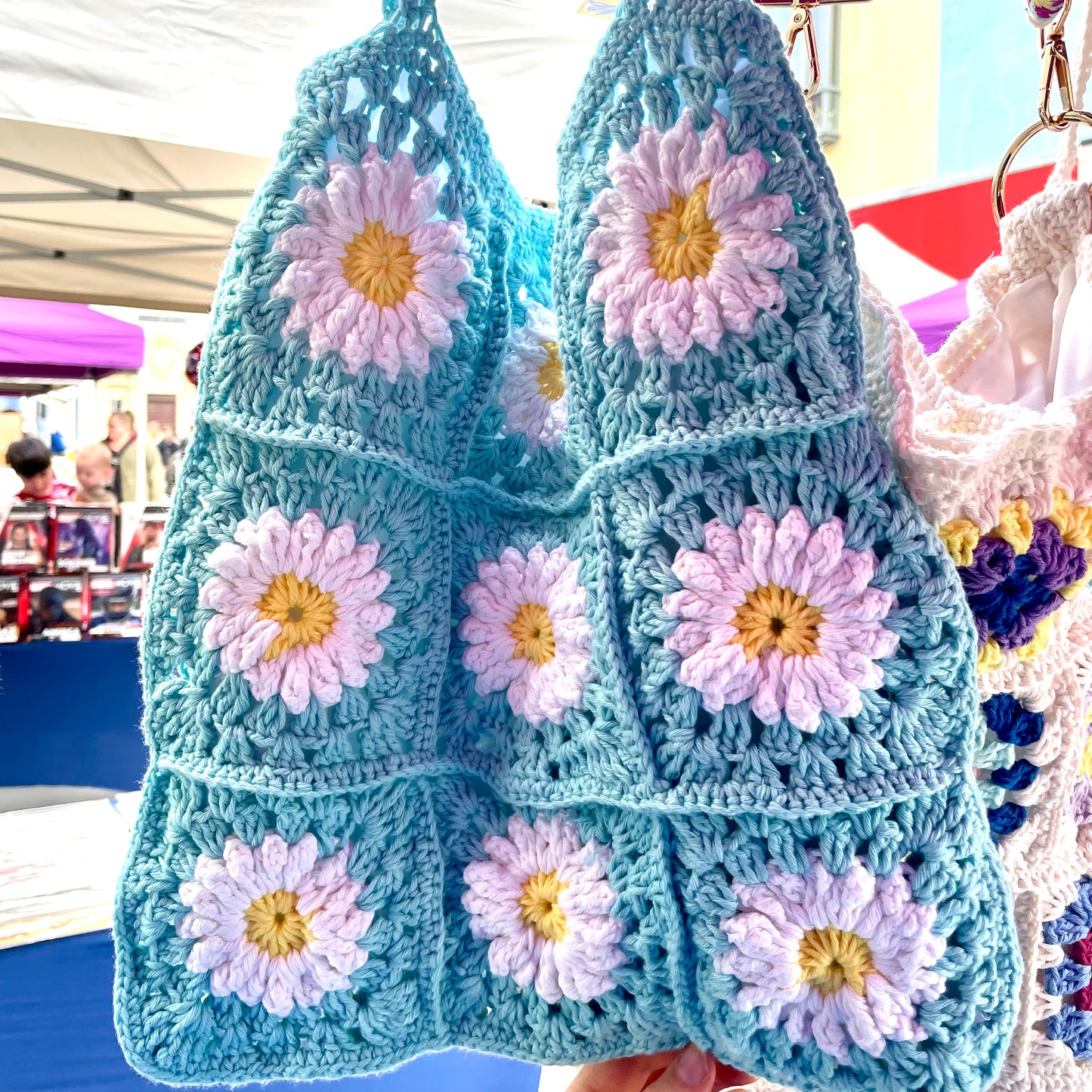 Handmade square large light turquoise flower crochet tote bag