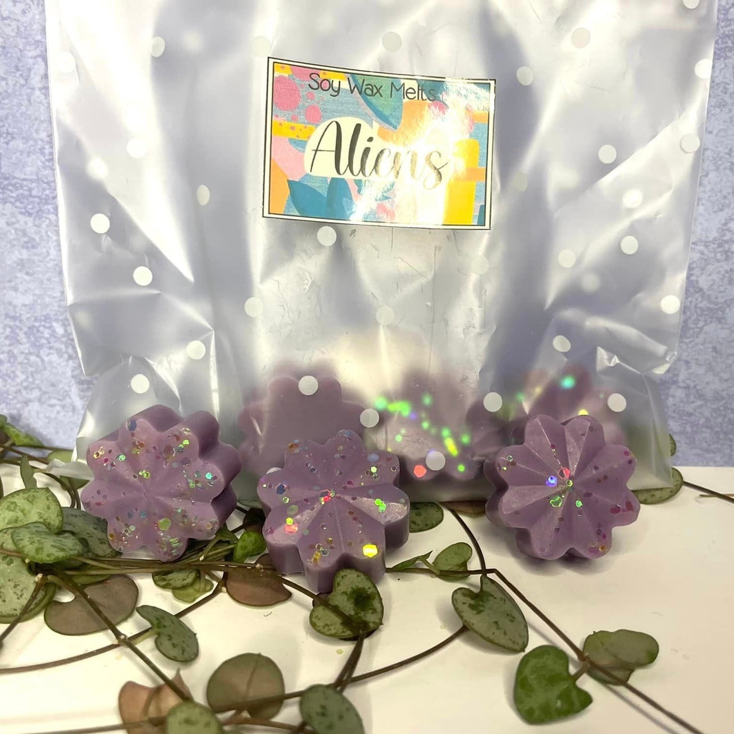 alien scented purple flower shaped wax melts