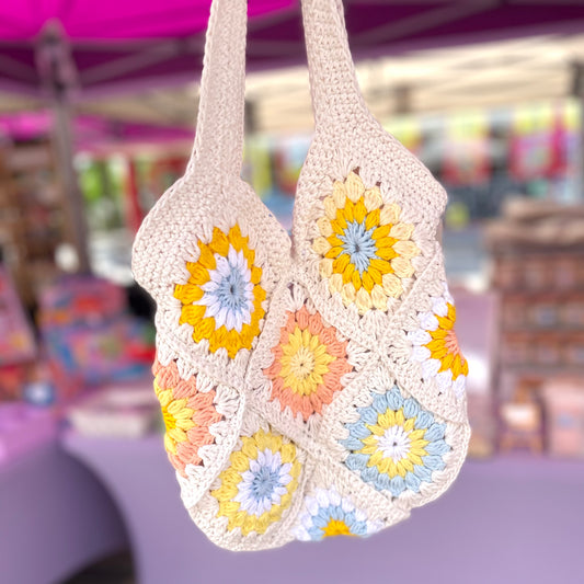 Handmade crochet Sunburst flower summer tote bag