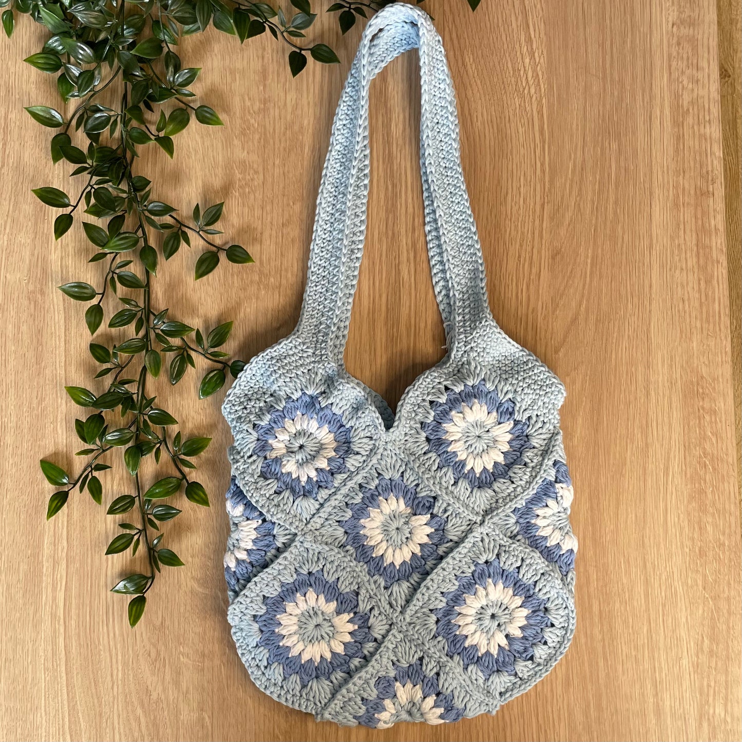 Handmade crochet light blue flower summer tote bag
