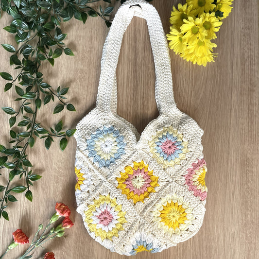 Handmade crochet Sunburst flower summer tote bag