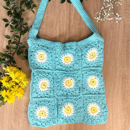 Handmade square large light turquoise flower crochet tote bag