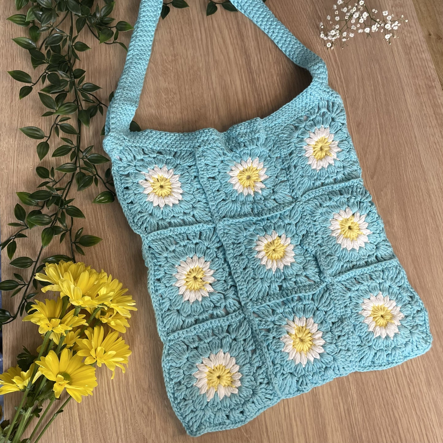Handmade square large light turquoise flower crochet tote bag