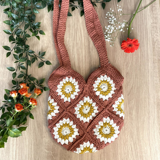 Handmade Crochet Cotton Tote Bag Burnt Orange | Floral Granny Square | Cottagecore Autumn vibes