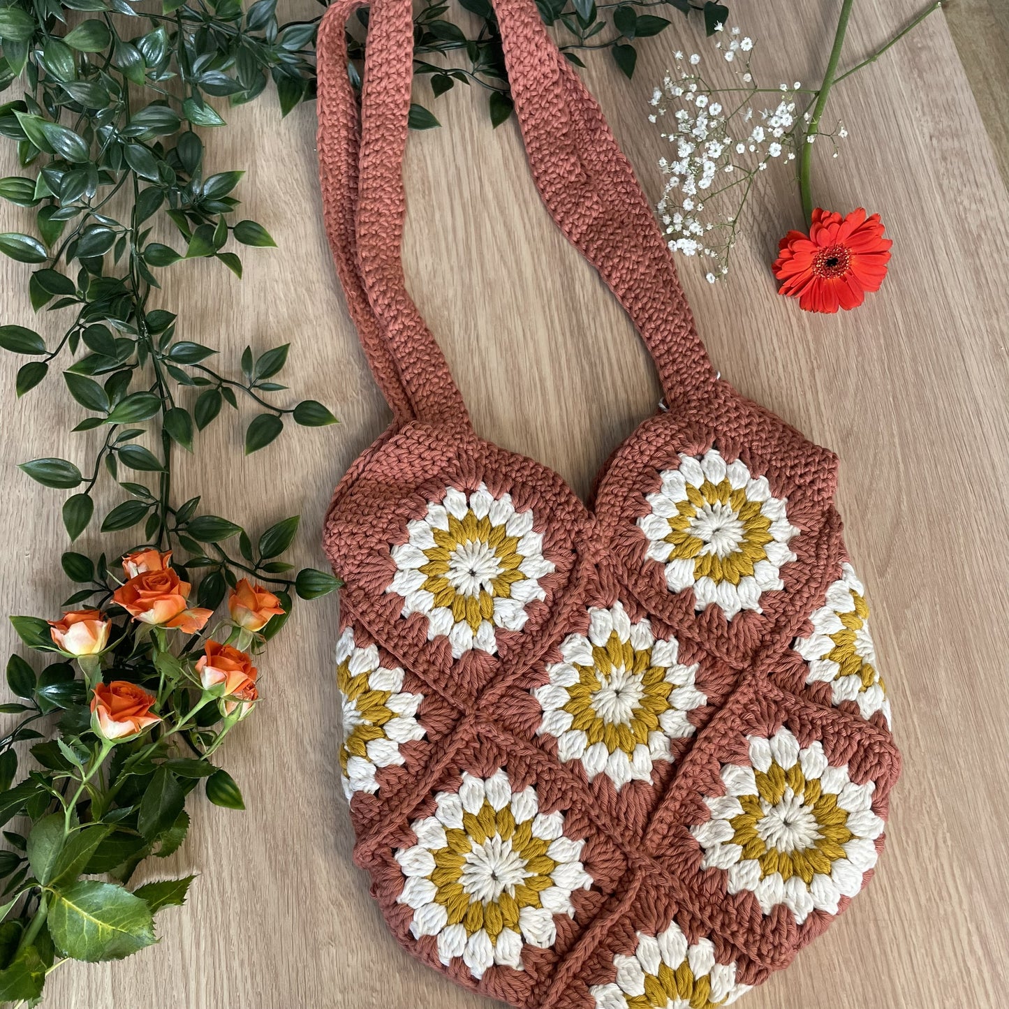 Handmade Crochet Cotton Tote Bag Burnt Orange | Floral Granny Square | Cottagecore Autumn vibes