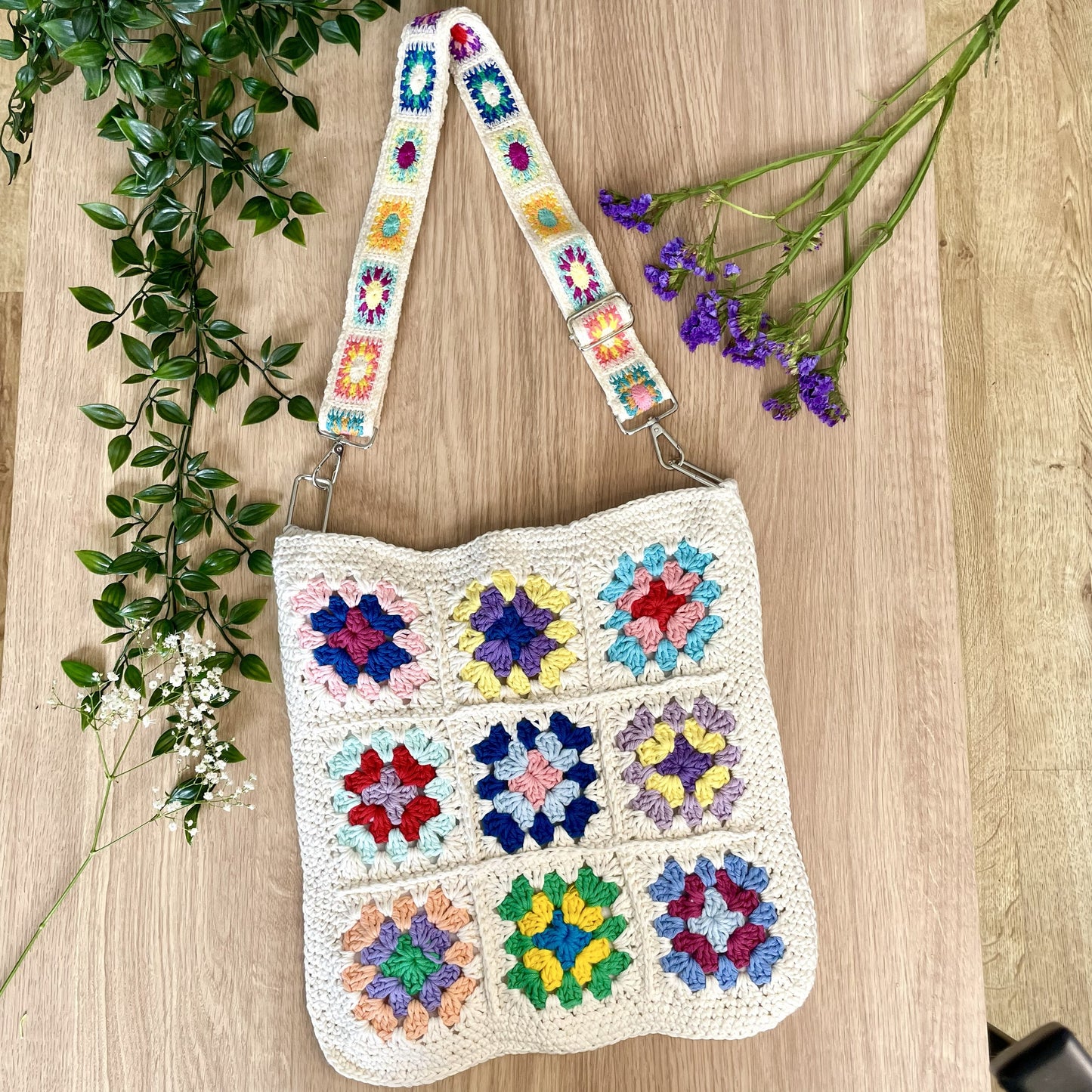 Handmade square large colour flower crochet tote bag