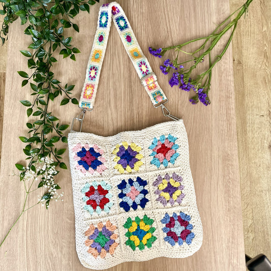 Handmade square large colour flower crochet tote bag