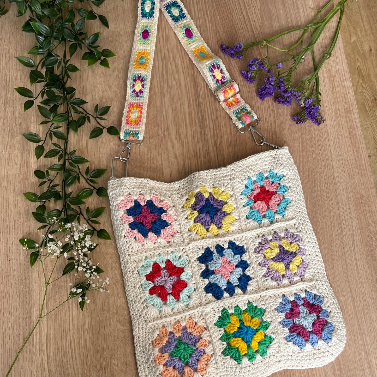 Handmade square large colour flower crochet tote bag