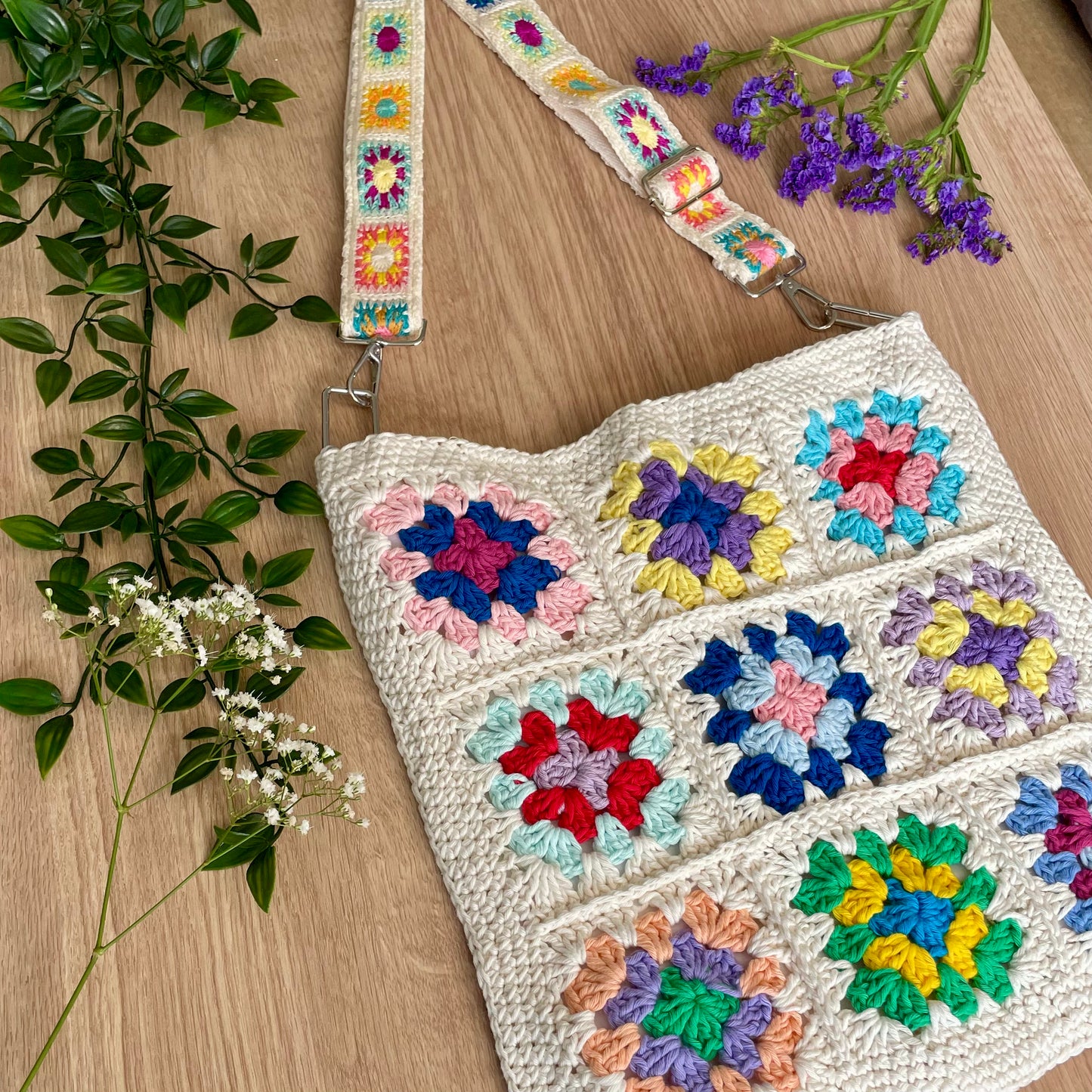 Handmade square large colour flower crochet tote bag
