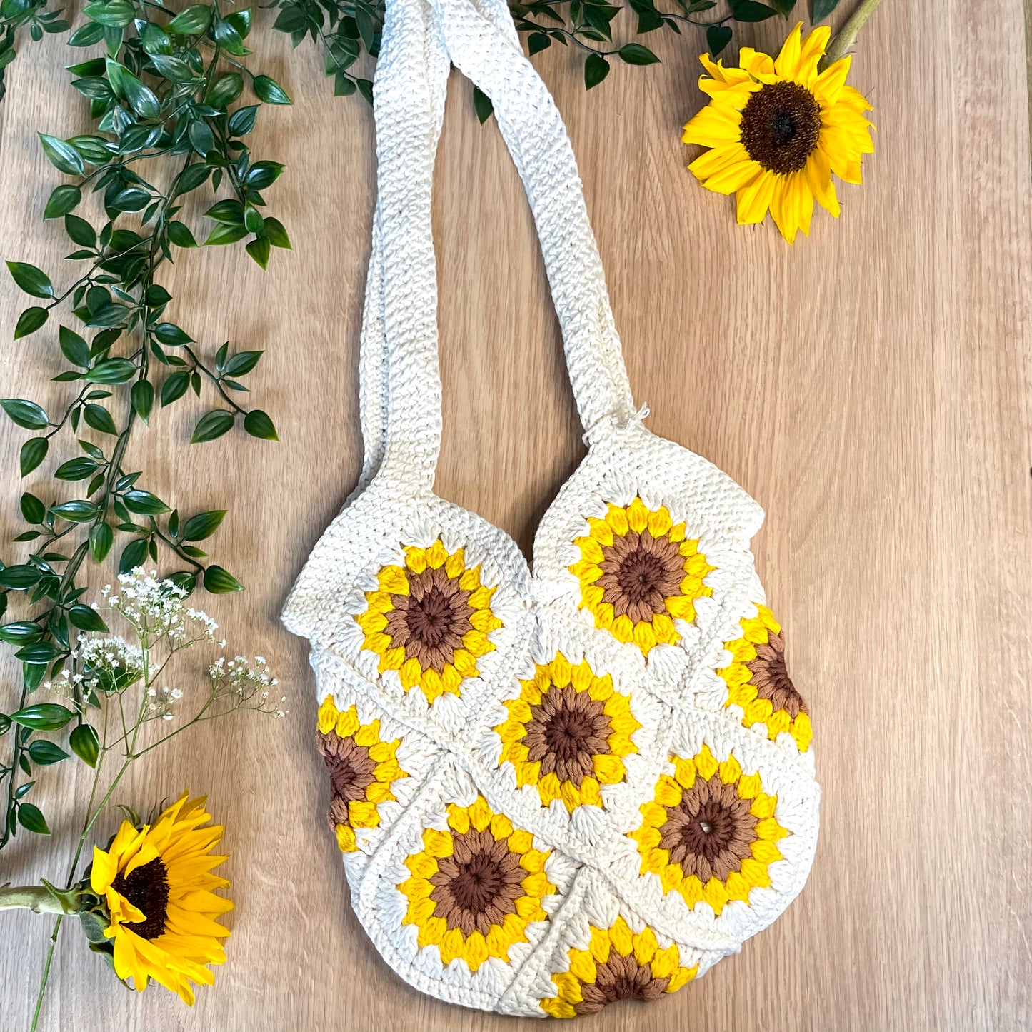 Handmade crochet summer sunflower tote bag