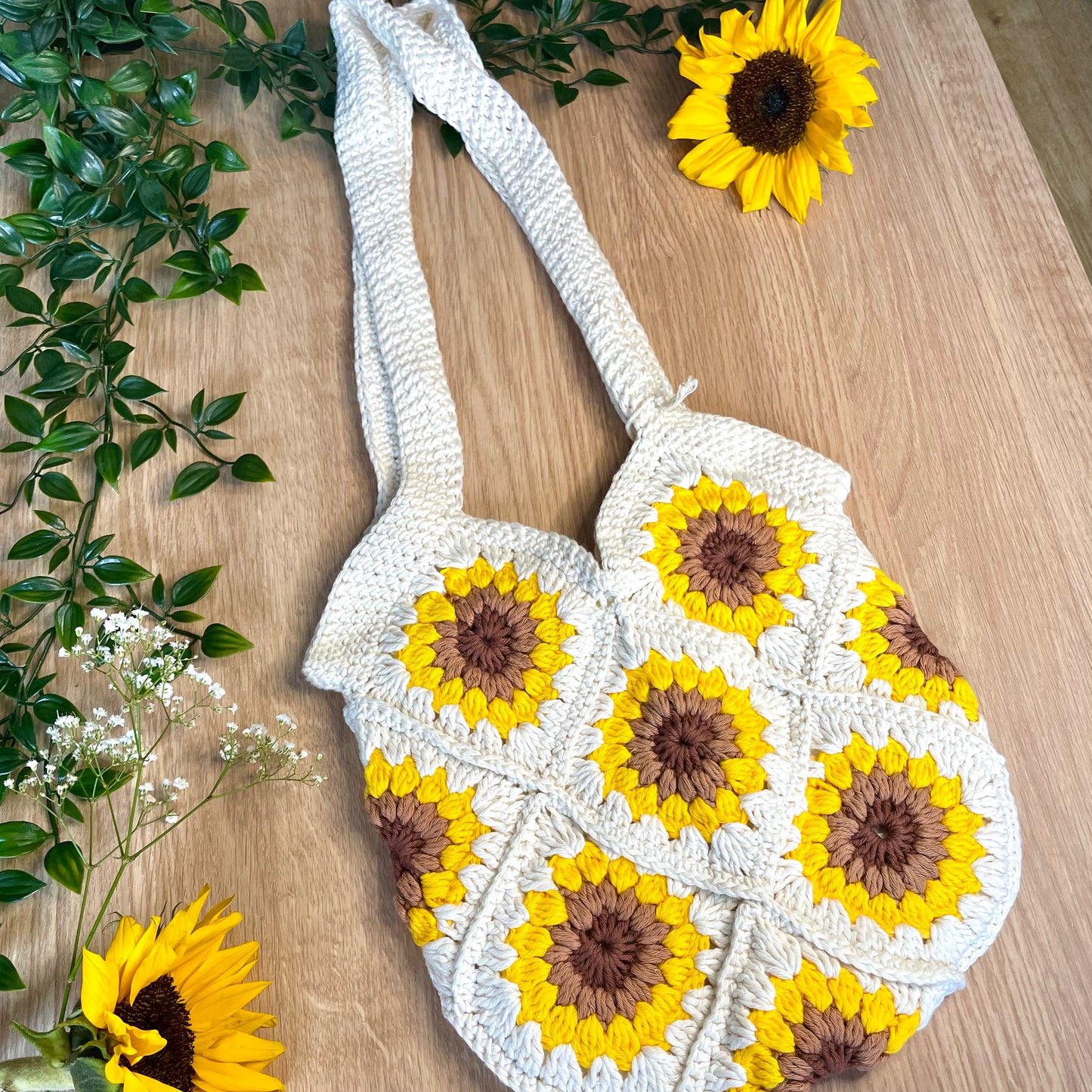 Handmade crochet summer sunflower tote bag