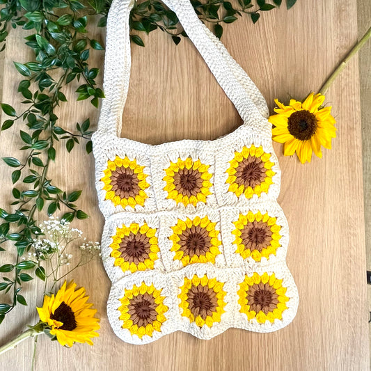 Handmade square large Sunflower crochet tote bag