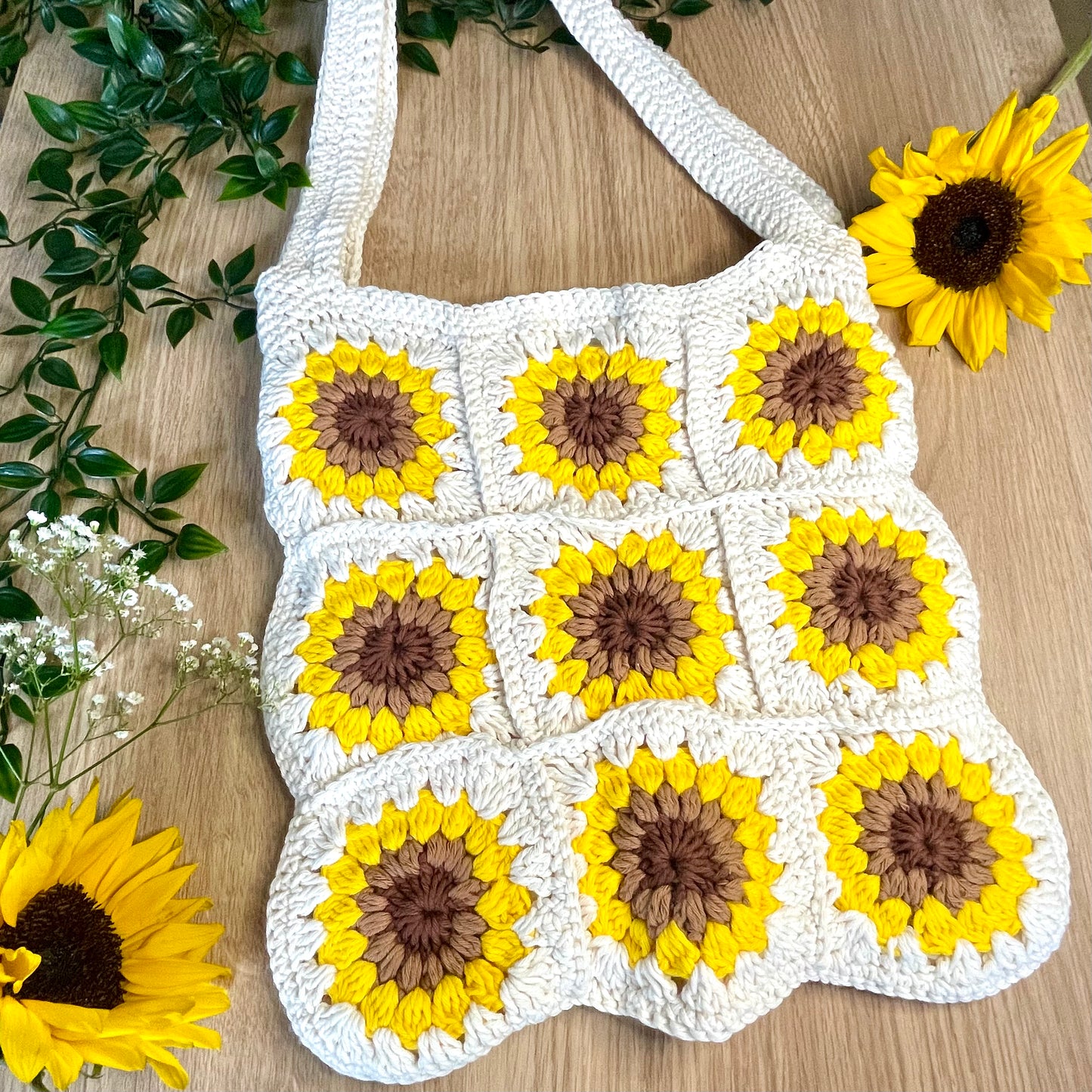 Handmade square large Sunflower crochet tote bag