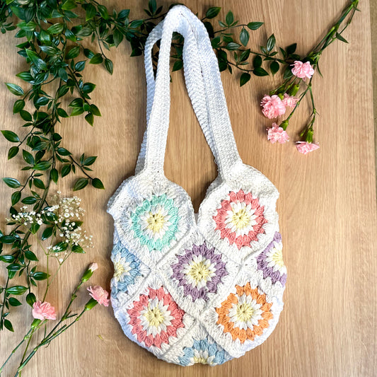 Handmade crochet white pastel flower summer tote bag