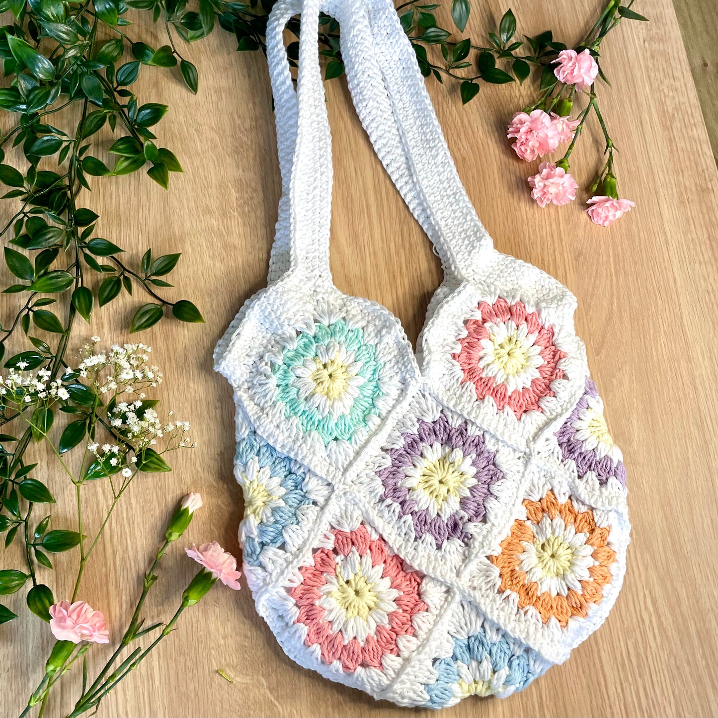 Handmade crochet white pastel flower summer tote bag