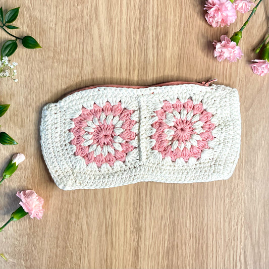 Handmade Pink flower Crochet Pencil Pouch