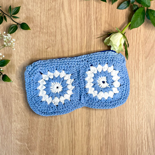 Handmade Blue flower Crochet Pencil Pouch