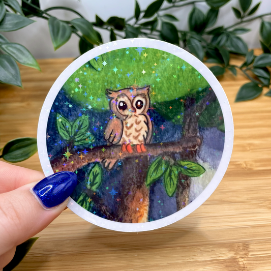 `Luna` Owl scene Vinyl Holographic Sticker