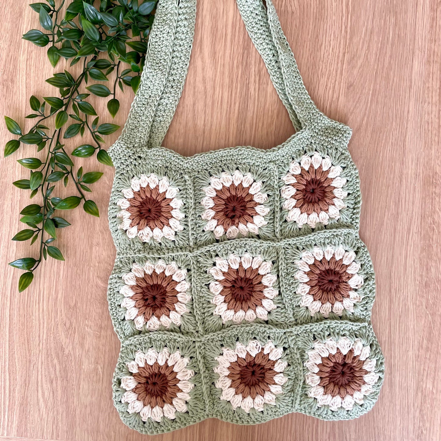 Handmade square large sage green crochet tote bag