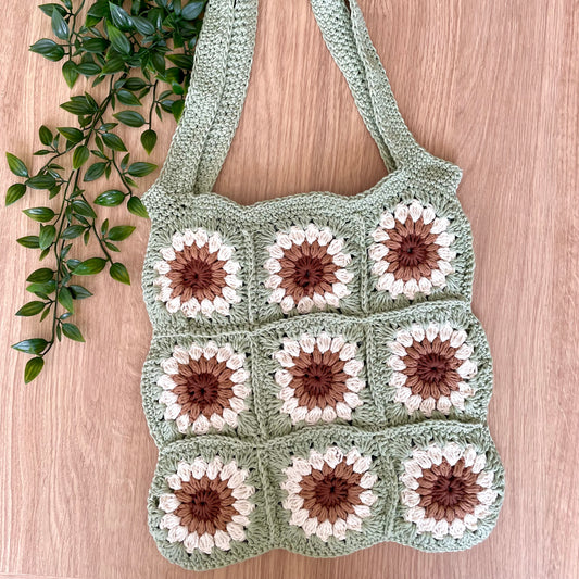 Handmade square large sage green crochet tote bag