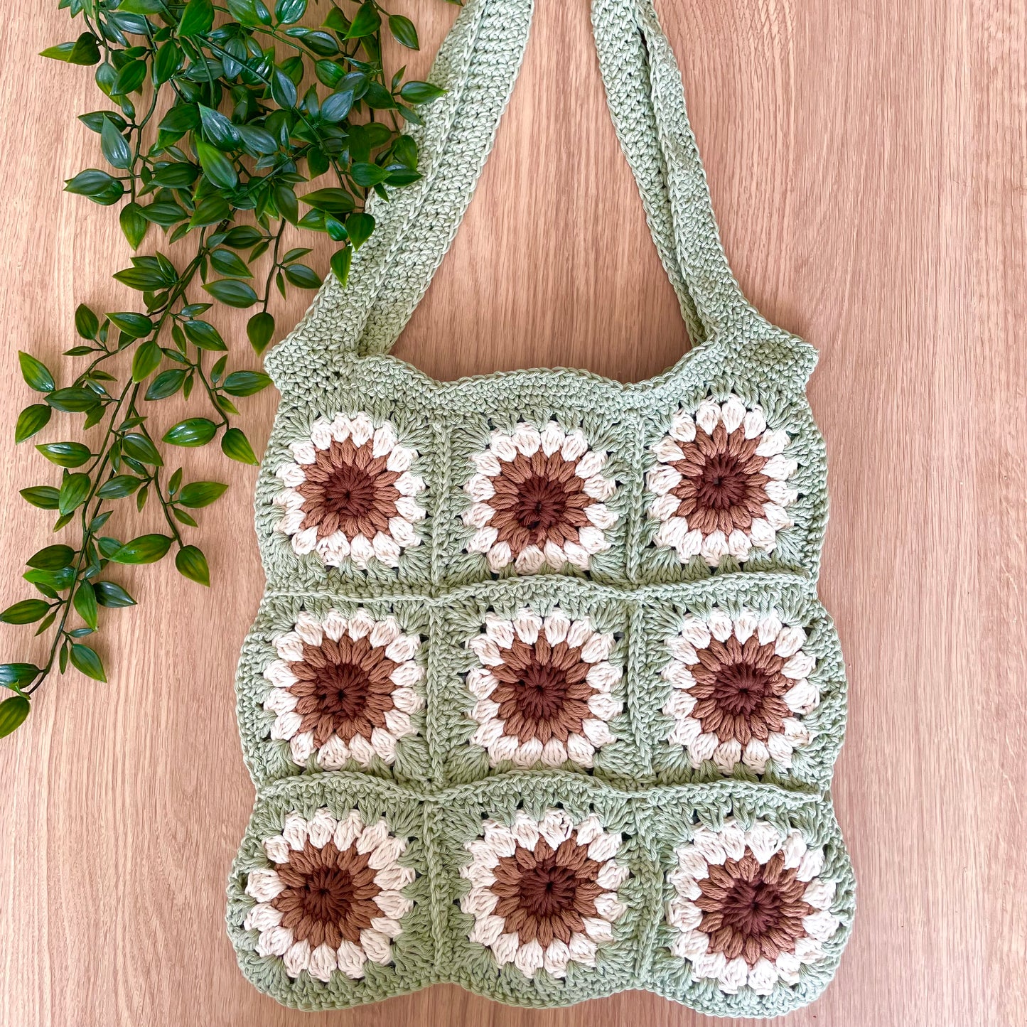 Handmade square large sage green crochet tote bag