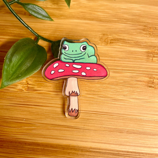 Frog on a mushroom pin badge on a wooden surface with leaves