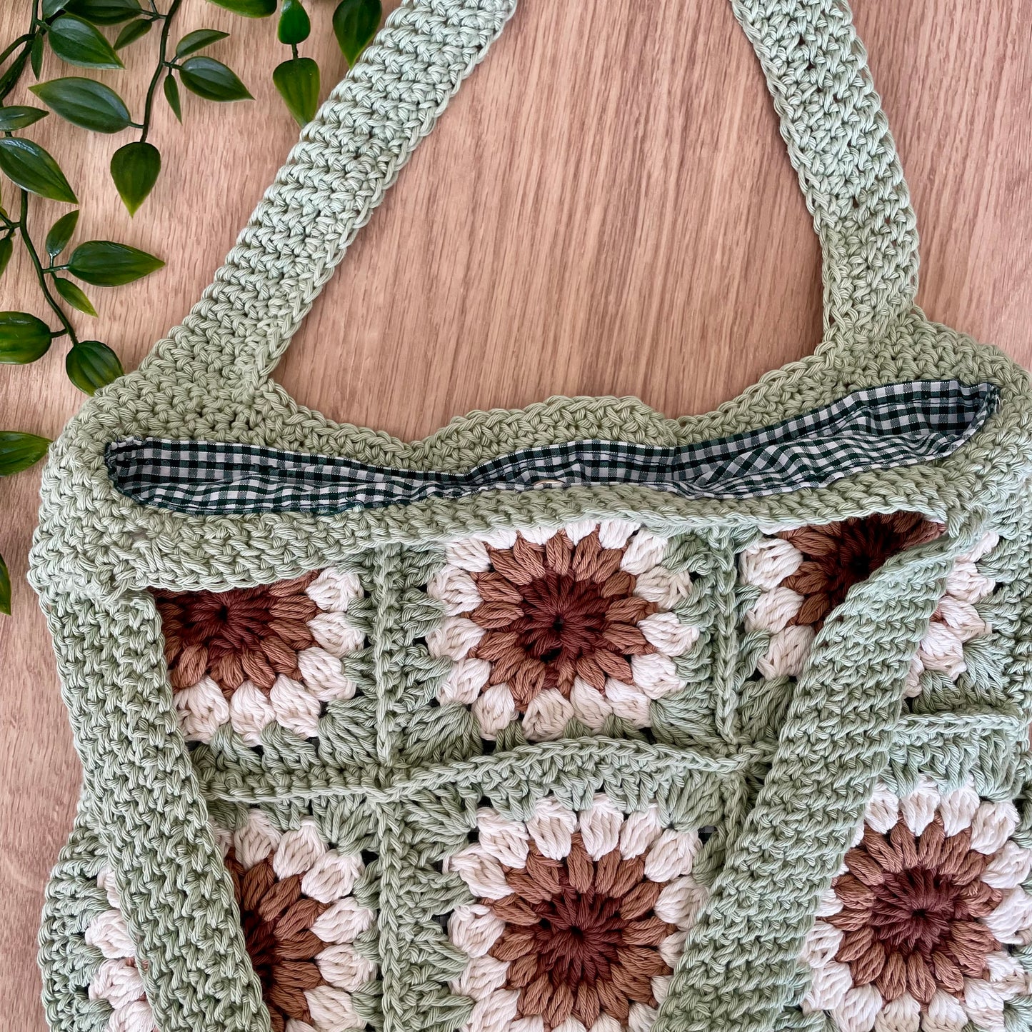 Handmade square large sage green crochet tote bag