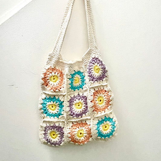 Handmade square large tuti fruiti crochet tote bag