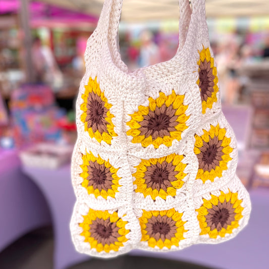 Handmade square large Sunflower crochet tote bag