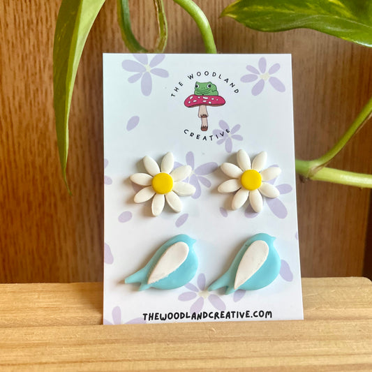 Bird and Daisy stud set polymer clay earrings