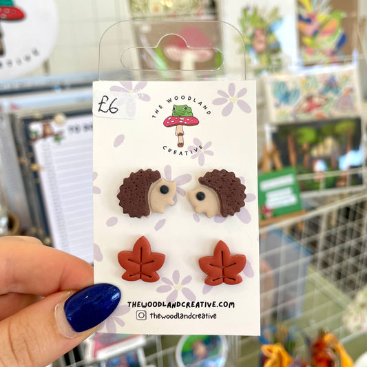 Hedgehog stud set polymer clay earrings