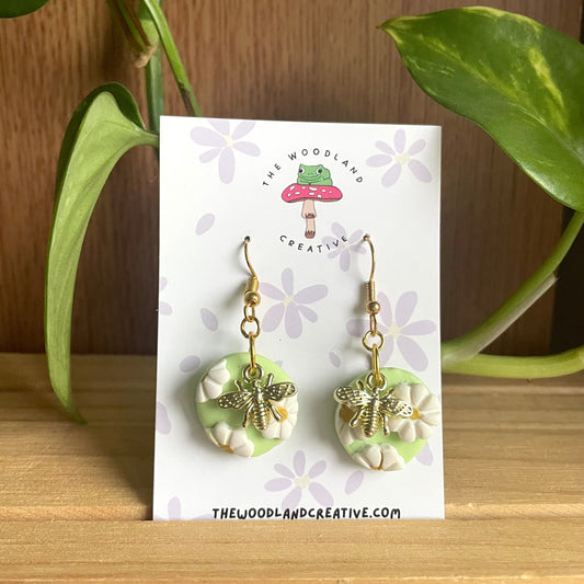 Floral bee handmade polymer clay earrings