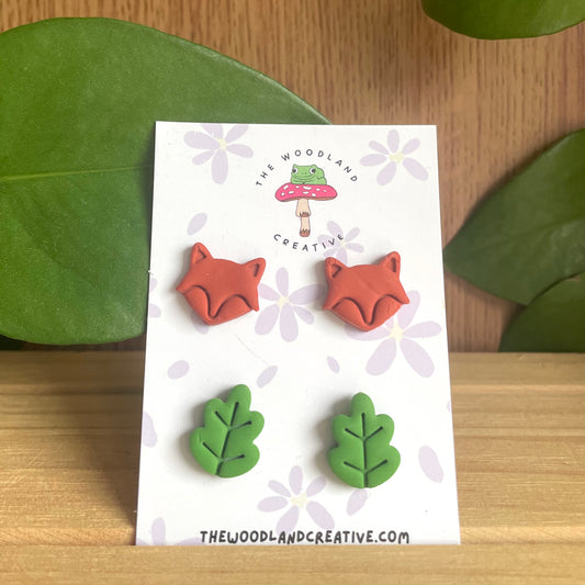 Fox and leaf stud set polymer clay earrings